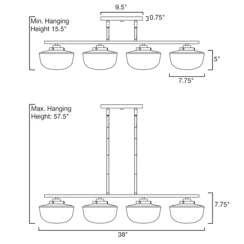 Dimensions diagram of Grove 38 Inch 4 Light Dope Modern Farmhouse Kitchen Island Light with Schoolhouse Glass Shades in Smoked Birch Finish.