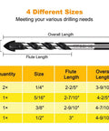 Pro Grade Concrete And Masonry Drill Bit Set 5 Piece Industrial Carbide Tip Kit size chart, 1/4-1/2 inch, flute and overall length details.