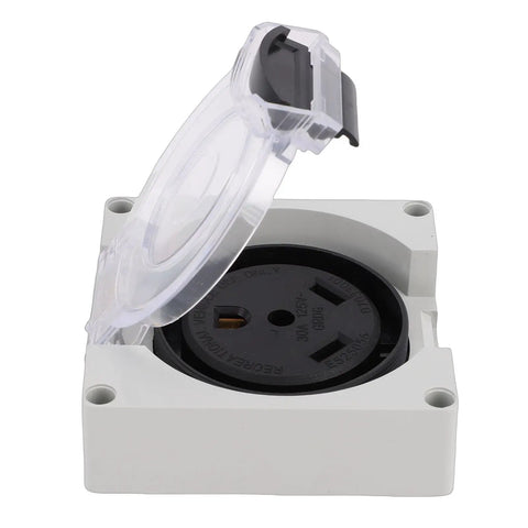 TT 30R Lockable Power Outlet Receptacle with Brass Contacts and IP55 Weatherproof Rating, open view showing the receptacle design.
