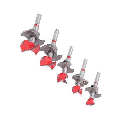 Top Shelf Forstner Drill Bit Kit For Precision Woodworking And Furniture Crafting Features Five Rock Solid Hole Cutters sized 15-35mm, showing five durable alloy drill bits.