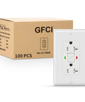 100 Pack GfcI Outlets 20 Amp Self Test Gfi Receptacles With Wall Plates Tamper Resistant Weather Resistant Ul Listed Matte White next to box.
