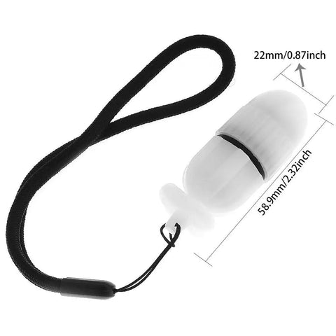 White LED diving beacon with size dimensions, part of 2 Pack Underwater Strobe Signal Lights for Night Dives, easy attachment strap visible.