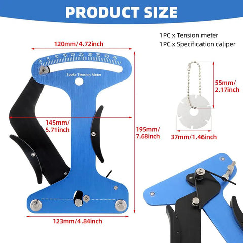 Dead On Bicycle Spoke Tension Meter For Road And City Bikes Heavy Duty Premium Aluminum Tensiometer with size details.