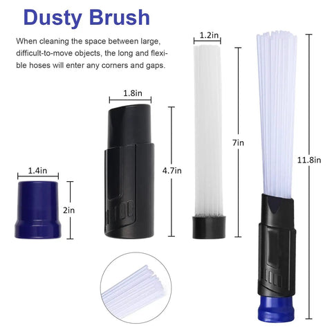 3 sizes of dusty brush vacuum attachments from the 8 Piece Vacuum Attachment Kit With 32mm One And Quarter Inch Standard Hose Universal Connector For 27mm To 50mm Hoses Includes Brush Nozzle Horsehair Round Brush Upholstery Tool Flexible Crevice Tool And More Built For Quick Cleanups, shown with dimensions.