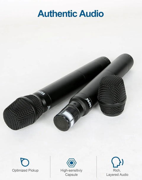 Dual Wireless Microphone System With Metal Handheld Mics And Receiver, showcasing two black metal microphones on a white surface.