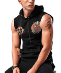 Samurai Mechanic Sleeveless Hooded Muscle Cut Off Hoodie For Men Premium Breathable Gym Top, black with graphic design.