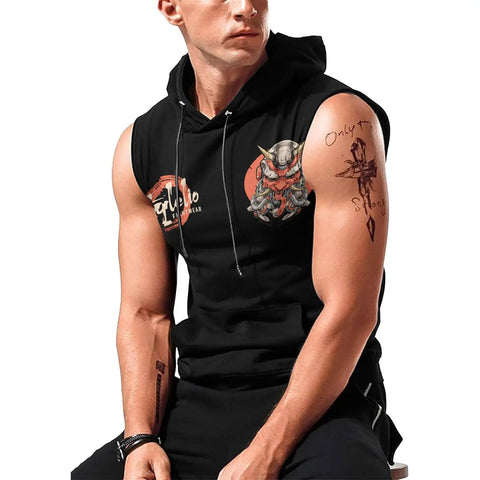 Samurai Mechanic Sleeveless Hooded Muscle Cut Off Hoodie For Men Premium Breathable Gym Top, black with graphic design.