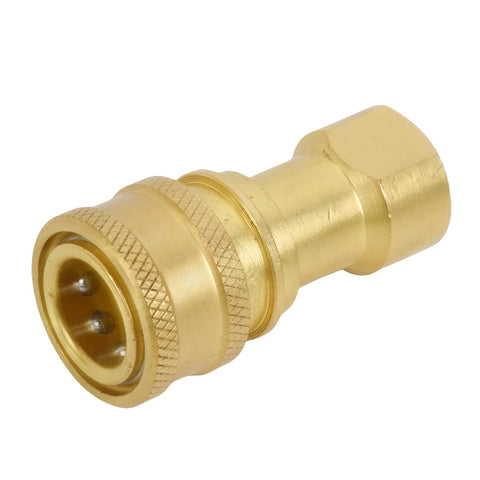 Front view of brass Puruoda 1/4in NPTF hydraulic nipple connector with knurled coupling ring