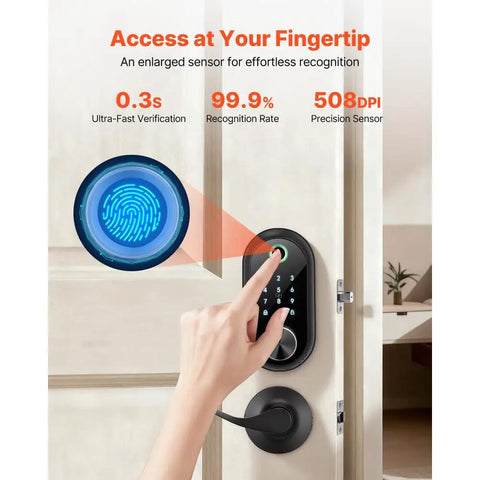 Slick Matte Black Fingerprint Door Lock Set With Tough Touchscreen Keypad unlocking using fingerprint on door.