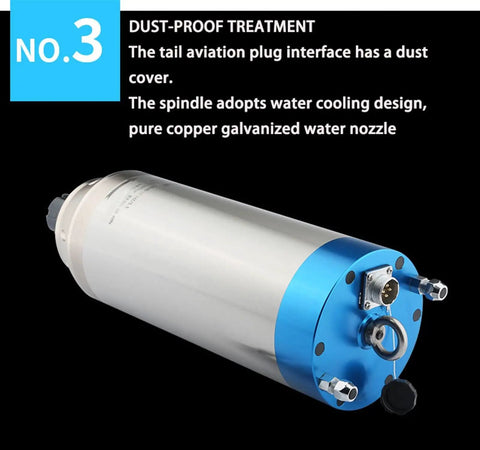 Heavy Duty 3.2Kw Water Cooled Spindle Motor 220V 24000Rpm With Er25 Dynamic Balance Nut 125Mm Diameter showing dust-proof tail plug and water nozzle.
