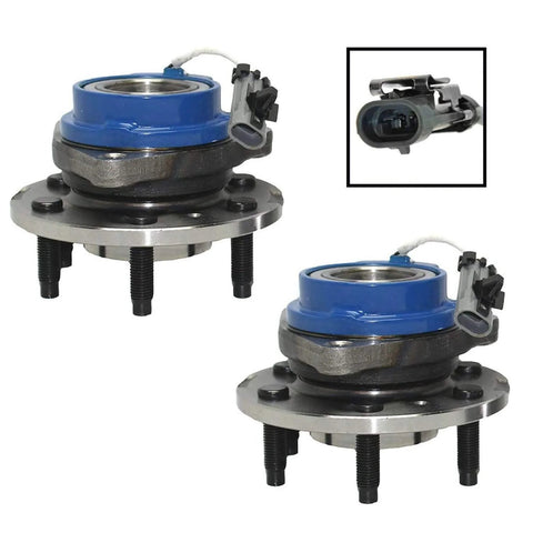 Front Wheel Hub And Bearing Assembly Direct Fit For Buick Lucerne Allure Century Lacrosse LeSabre Park Avenue Rendezvous And Chevy Impala Monte Carlo Bonneville Grand Prix Pontiac shown in a set of two with close-up of connector.