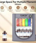 Premium Filament Storage Box With Hygrothermograph For 3D Printing, showcasing 20 colorful filament spools, dustproof and waterproof design.