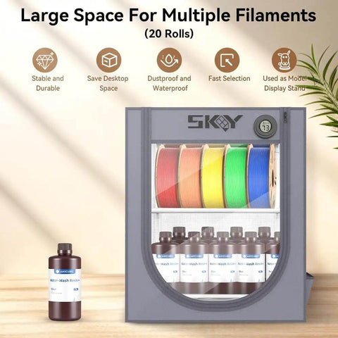 Premium Filament Storage Box With Hygrothermograph For 3D Printing, showcasing 20 colorful filament spools, dustproof and waterproof design.