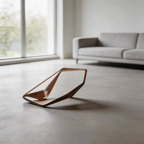 Modern wooden decorative object displayed in a minimalist living room with a grey couch.
