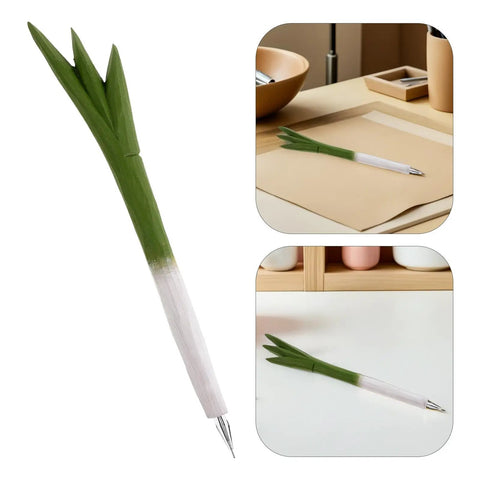 Scallion Shape Wooden Gel Ink Two Piece Pen Set With Comfortable Grip And Easy Care Plastic Body, Cute Plant Pen on a desk.