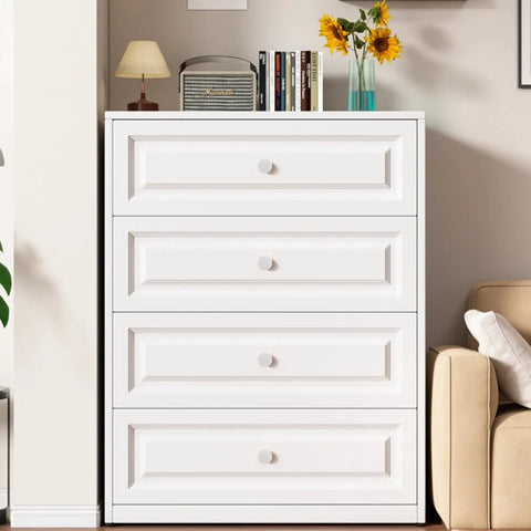 Premium Genuine White Marble Cabinet Knobs, Set Of Five Round Drawer Pulls For Dresser Or Kitchen Vanity With Sleek Brushed Metal Base, Killer Aesthetic Home Revival Kit Includes Dead Simple Mounting Hardware For Smooth Installation on a stylish white dresser.