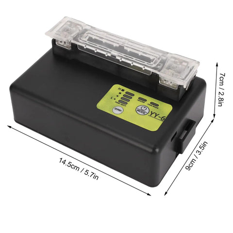 Cryfokt Splicer Heater W External Heat Shrink Tube Heating Furnace Rechargeable Li Ion Battery 5100Mah shown from the side with dimensions.