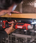 Two Tool Cordless Drill And Right Angle Impact Kit with 12V Brushless Power being used under a kitchen counter