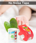 Clear Noiseless Packing Tape With Ergonomic Dispenser next to hand and leaves, showcasing quiet operation and eco-friendliness