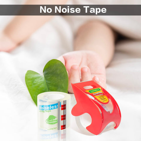 Clear Noiseless Packing Tape With Ergonomic Dispenser next to hand and leaves, showcasing quiet operation and eco-friendliness