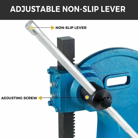 Adjustable non-slip lever and adjusting screw detail on Heavy Duty Cast Iron Arbor Press Machine with Solid Base.