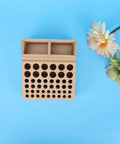 Leather Tool Holder With 48 Holes Wooden Craft Tool Stand Beech Wood Rack Organizer against blue background with flowers