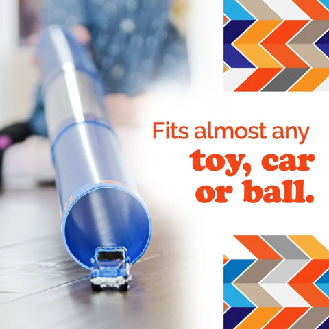 Kid Approved Tunnel Race Track Playset For Kids That Fits Most Toy Cars And Small Balls with blue tube on floor
