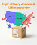 Map showing rapid delivery from fulfillment centers in CA, NJ, and GA, with delivery routes marked on a U.S. map behind a shipping box.