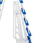 5 Step A Frame Pool Ladder for Above Ground Pools with No Slip Treads and Inside Barrier White and Blue Easy Handrails Fits 48 to 52 Inch Side Walls, side view