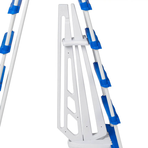 5 Step A Frame Pool Ladder for Above Ground Pools with No Slip Treads and Inside Barrier White and Blue Easy Handrails Fits 48 to 52 Inch Side Walls, side view