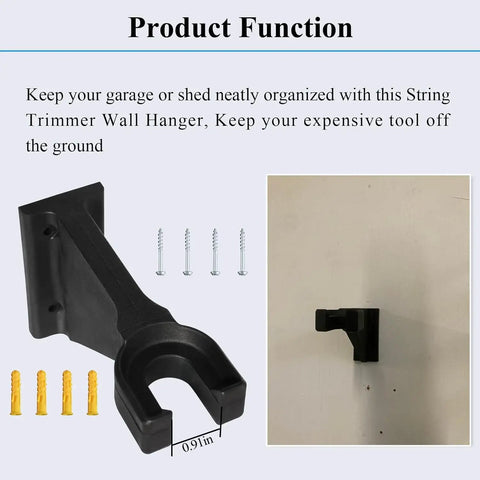 Heavy Duty Wall Mount For Garden Tools And Trimmer Storage, Holds Up To 250 Lb, displayed with screws and mounted example
