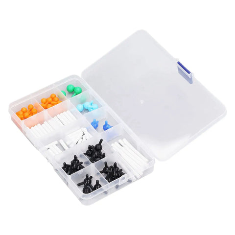 Vibrant Chemistry Molecular Model Kit for 3D Hands On Learning and Classroom Use with colorful atoms and bonds in storage box.