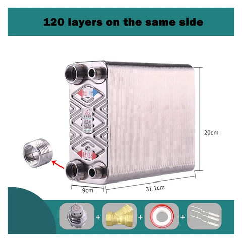Heavy Duty 120 Plate Brazed Heat Exchanger Built With Food Grade SUS304 Stainless Steel And Pure Copper Core, side view with dimensions.