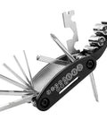 16-In-1 Motorcycle And Bike Repair Tool Kit with Foldable Multitool, hex wrenches, and sockets in black casing.