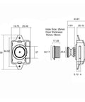 Technical diagram of Push Button Latch Kit for RVs and Campers, 5 Pack Cabinet Locks and Door Catches with measurements