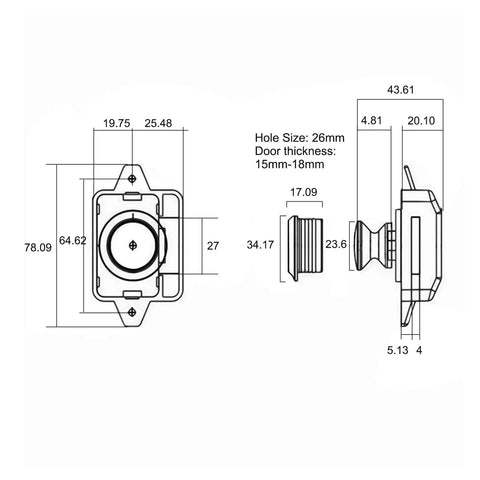 Technical diagram of Push Button Latch Kit for RVs and Campers, 5 Pack Cabinet Locks and Door Catches with measurements