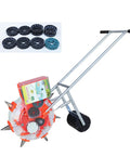 Hand Push Roller Seeder Manual Garden Seeder With Clear Seed Storage Box, metal frame, spiked wheel, five-mouth spreader