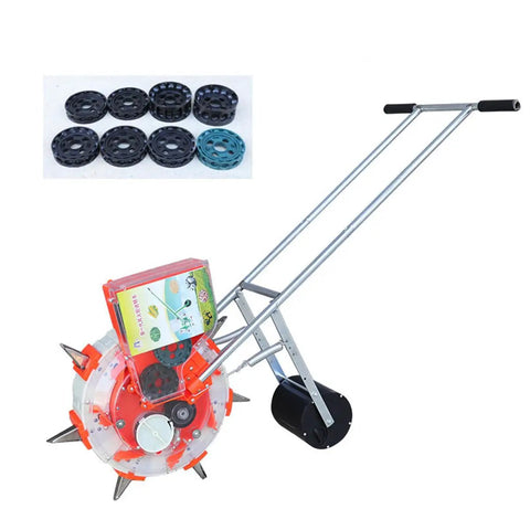 Hand Push Roller Seeder Manual Garden Seeder With Clear Seed Storage Box, metal frame, spiked wheel, five-mouth spreader