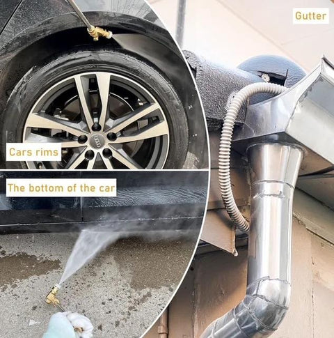 Pressure washer gutter cleaner with 240° pivot, 1/4-inch quick-connect, 7-angle spray, installed on downspout.