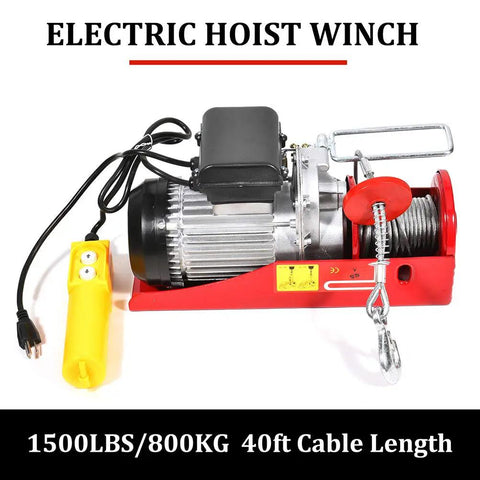 Built Tough 1500 Lb Overhead Electric Hoist Lift Crane For Garage Engine Work, red winch with remote control on white background