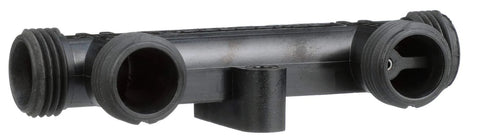 Watts Premier sensor valve, black plastic T-fitting with three ports and side outlet, 1/2-inch threaded connectors.