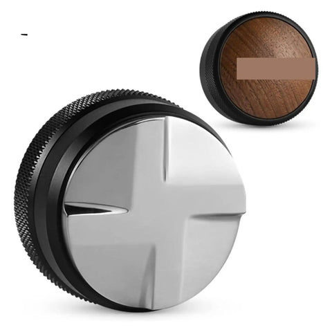 Adjustable Height Espresso Coffee Distributor Tool For Flawlessly Even Coffee Beds with premium 304 stainless steel and walnut grip.