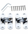 Two Piece Heavy Duty Zinc Alloy Hidden Hinges For Furniture 23 By 95 Millimeter with screws and installation tools visible.
