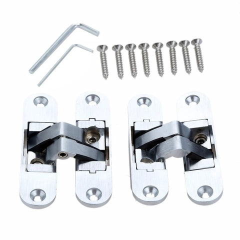 Two Piece Heavy Duty Zinc Alloy Hidden Hinges For Furniture 23 By 95 Millimeter with screws and installation tools visible.