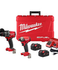 M18 Fuel Two Piece Cordless Power Tool Bundle Featuring Hella Compact Impact Driver And Hammer Drill With Brushless Action includes tools, batteries, and charger.