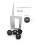 Six Pack 32mm Threaded Tube Plugs With M8 Holes, Black Plastic Round Nut End Caps For Furniture Legs shown with ruler