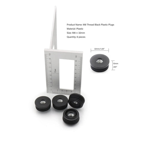Six Pack 32mm Threaded Tube Plugs With M8 Holes, Black Plastic Round Nut End Caps For Furniture Legs shown with ruler