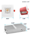 Top Shelf 12 Pack 4 Inch Square Led Recessed Can Lights With Nifty J Box Included showing dimensions of light fixture and junction box.