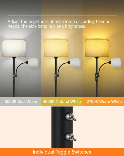 Gold Tone Floor Lamp With Dimmable 9W LED Main Light And 4W Reading Lamp showing color temperatures and toggle switches