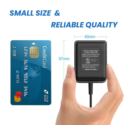 UL Certified Video Doorbell Power Supply Adapter With a 26 Foot Cable held next to a credit card for size comparison